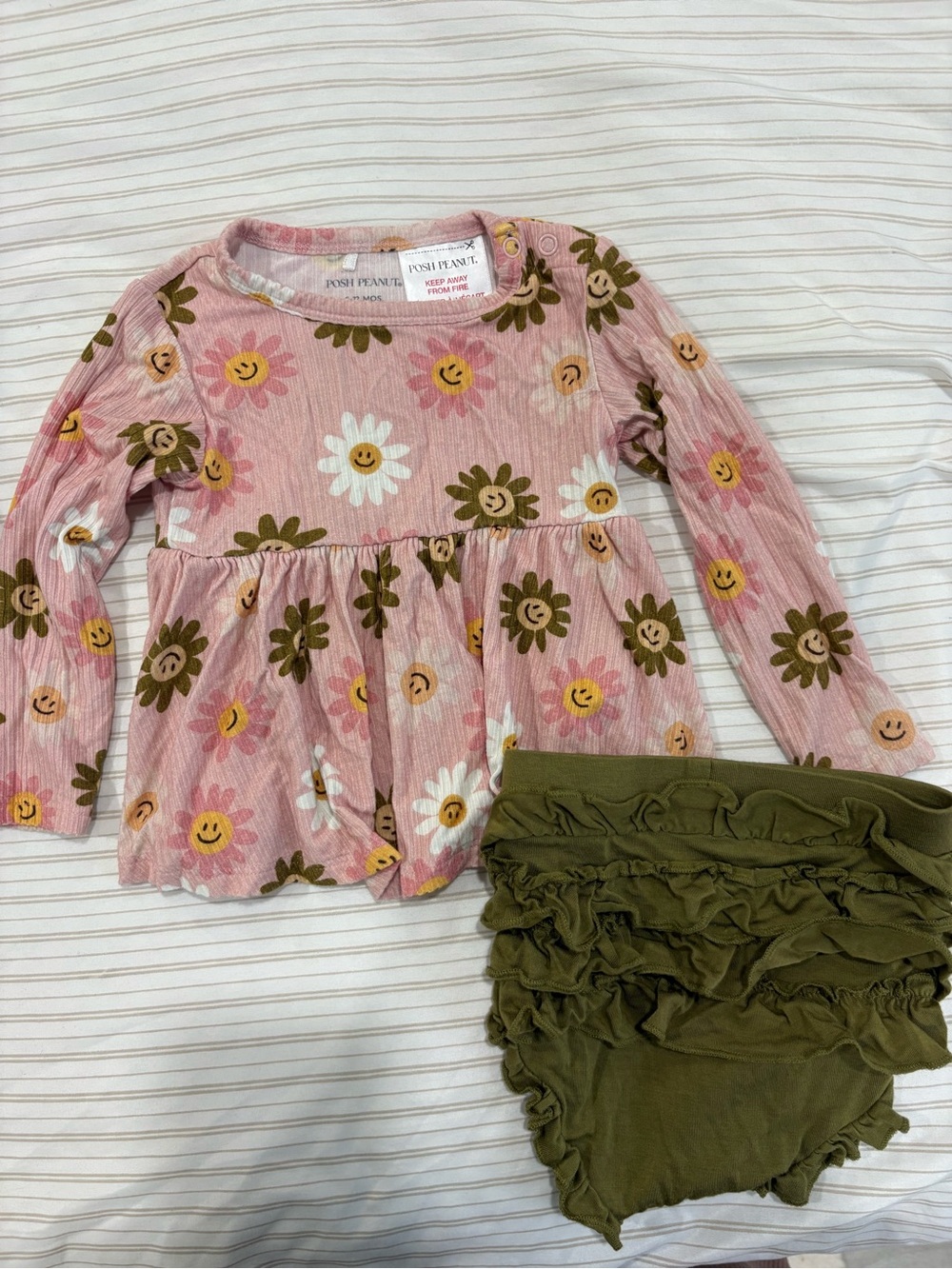 Posh Peanut Pink Floral Smiley Peplum Top with Olive Ruffle Bloomers
